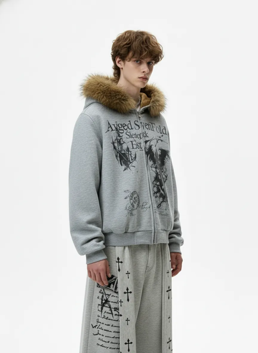 Detachable Fur Collar Gothic Graphic Fleece Lined Zip Up Hooded Jacket sold by Thesupermade product image thumbnail 4