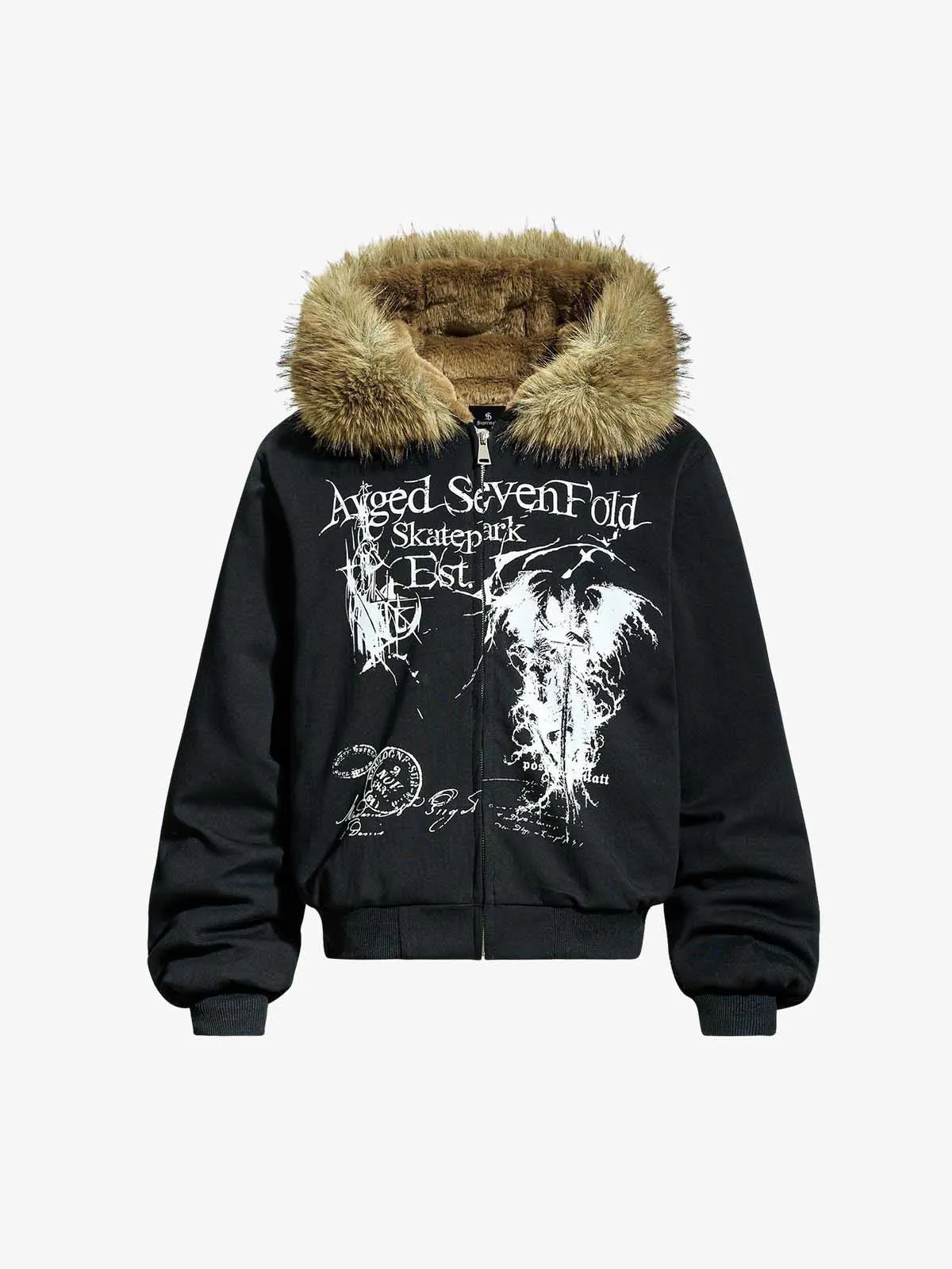 Detachable Fur Collar Gothic Graphic Fleece Lined Zip Up Hooded Jacket sold by Thesupermade product image thumbnail 2