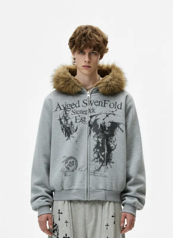 Detachable Fur Collar Gothic Graphic Fleece Lined Zip Up Hooded Jacket sold by Thesupermade
