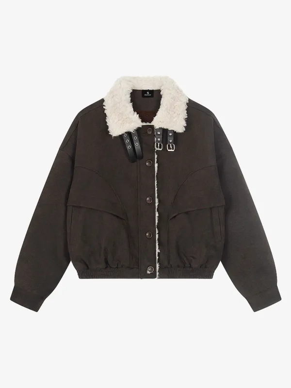 Suede Faux Shearling Collar Buckled Utility Jacket sold by Thesupermade