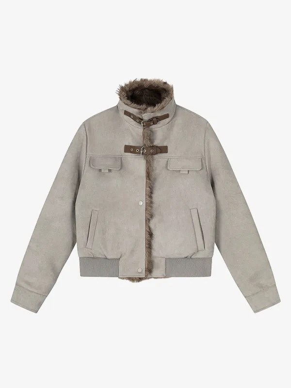 Vintage Suede Faux Fur Lined Buckle Bomber Jacket sold by Thesupermade
