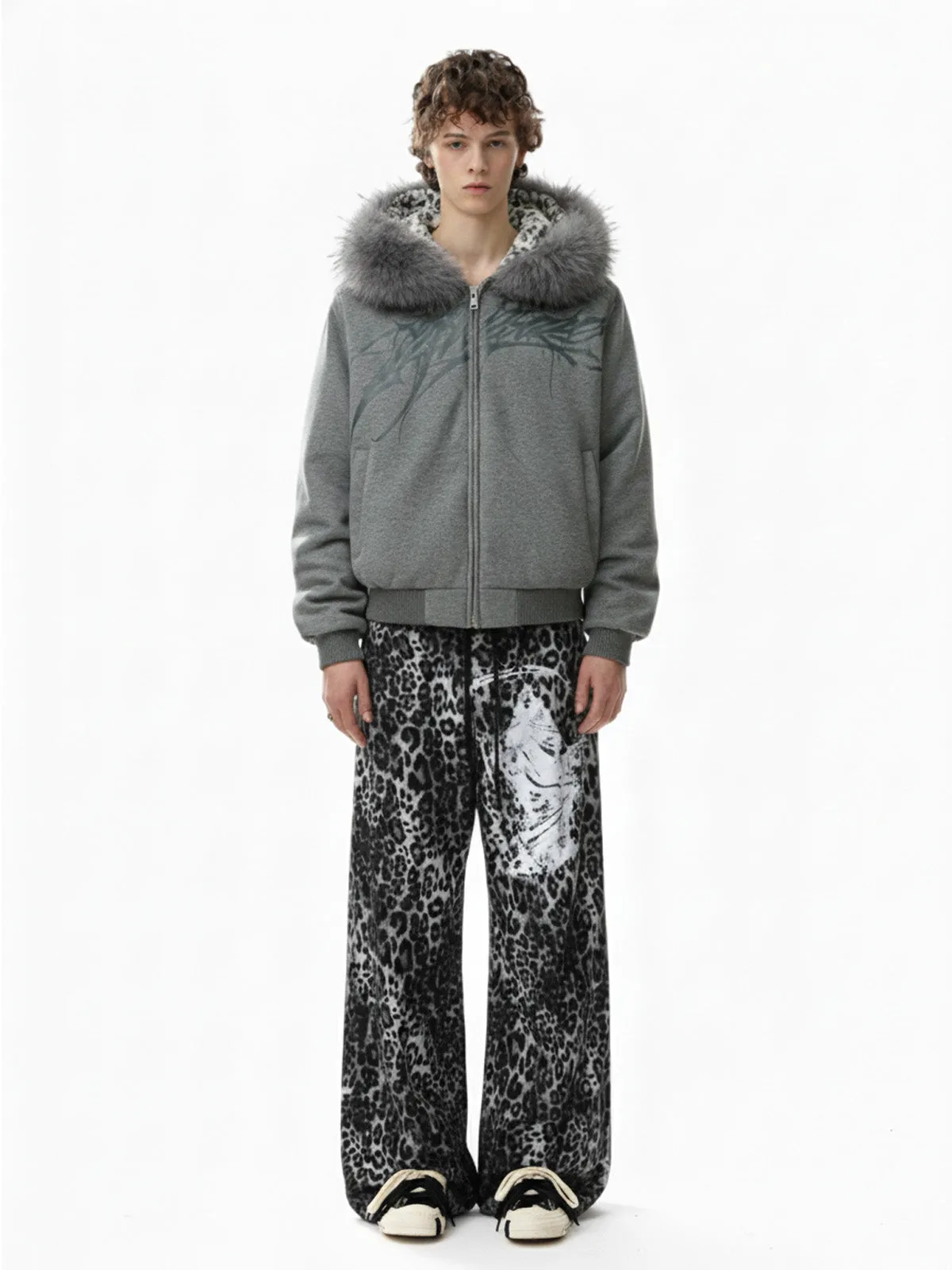 Vintage Faux Fur Hoodedd Leopard Lined Graphic Bomber Jacket sold by Thesupermade product image thumbnail 4