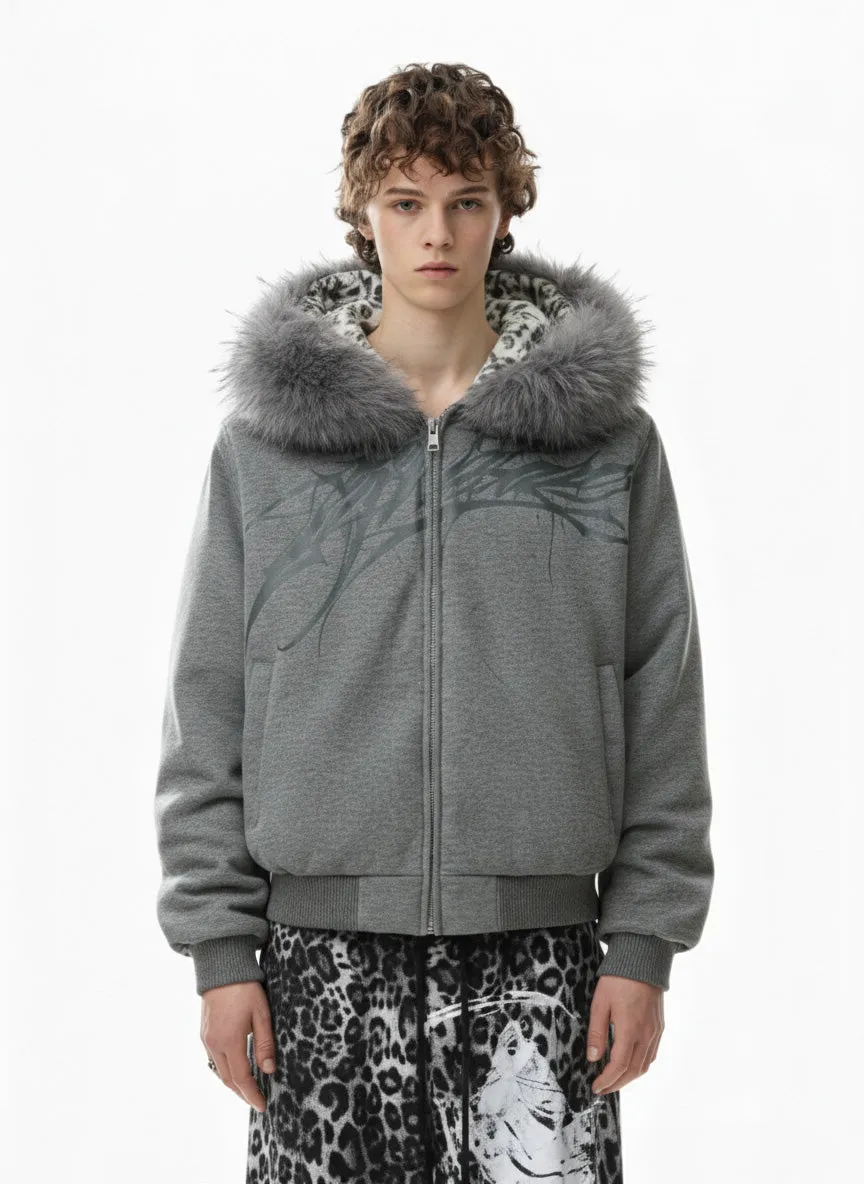 Vintage Faux Fur Hoodedd Leopard Lined Graphic Bomber Jacket sold by Thesupermade