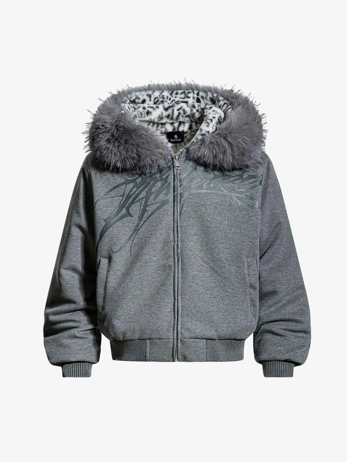 Vintage Faux Fur Hoodedd Leopard Lined Graphic Bomber Jacket sold by Thesupermade product image thumbnail 5