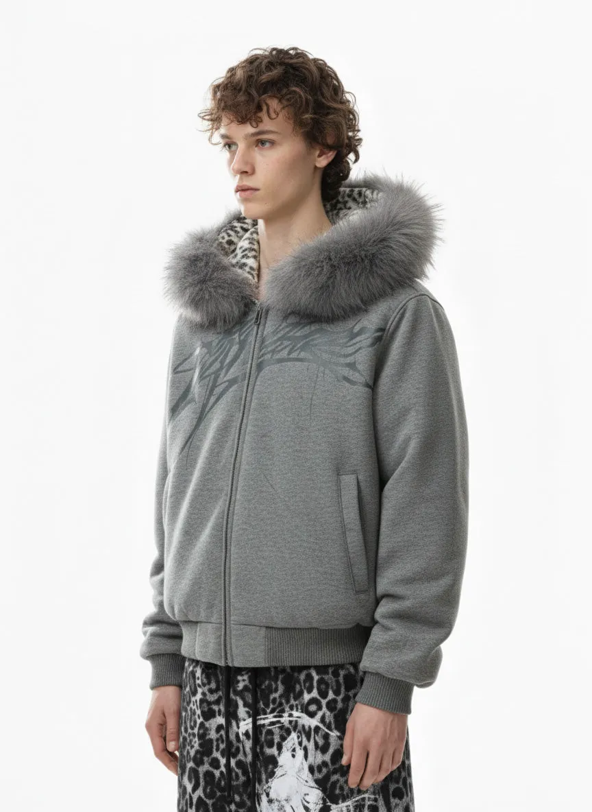 Vintage Faux Fur Hoodedd Leopard Lined Graphic Bomber Jacket sold by Thesupermade product image thumbnail 3