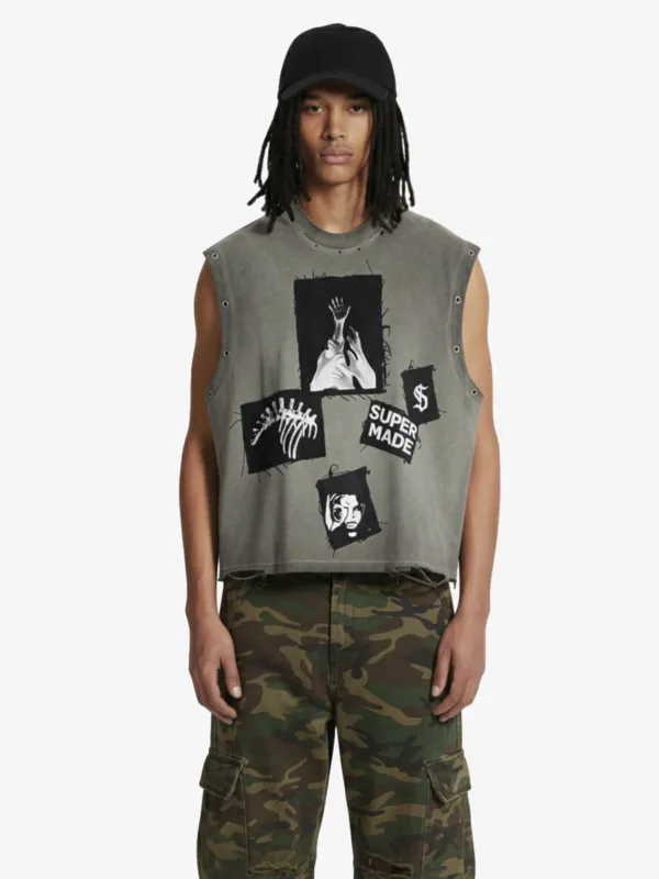Ripped Graphic Patch Sleeveless Vest sold by Thesupermade