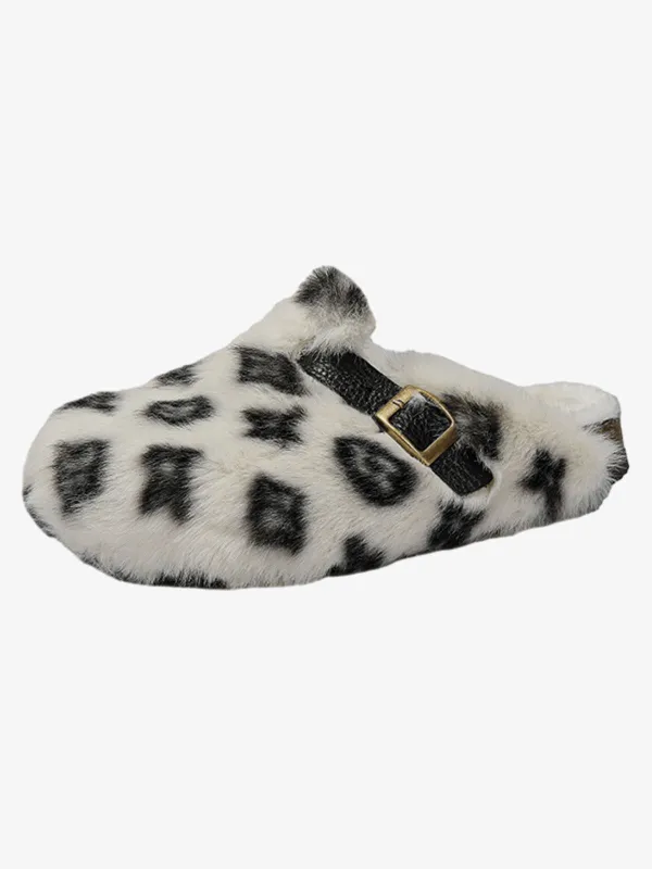 Abstract Spotted Faux Fur Buckle Clogs sold by Thesupermade