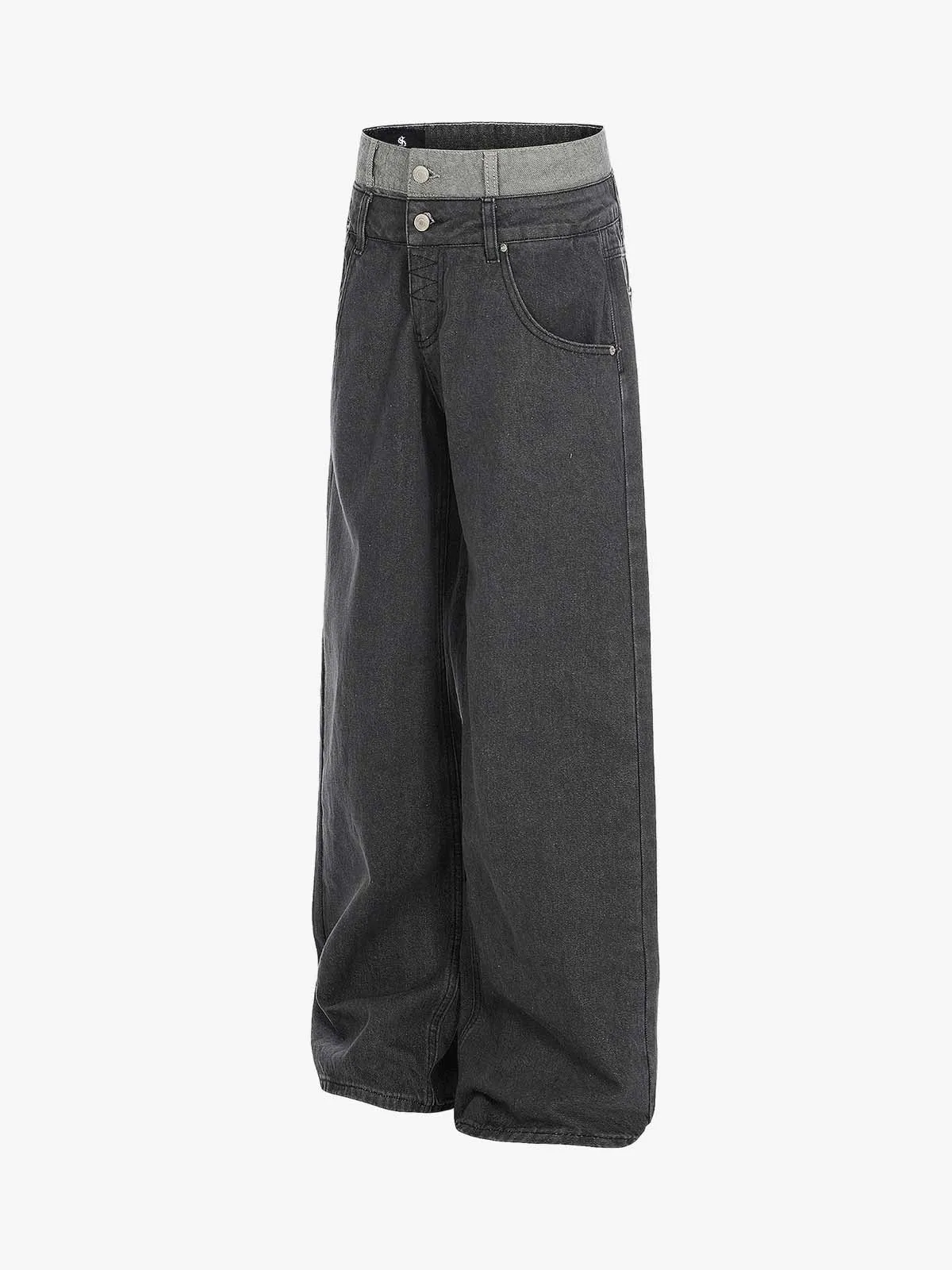 Vintage Washed Layered Waist Wide Leg Denim Jeans sold by Thesupermade product image thumbnail 3