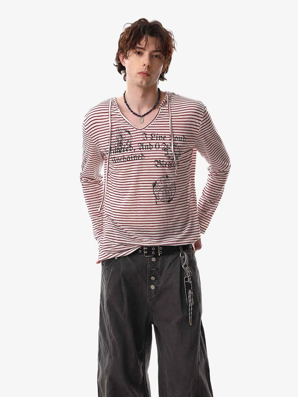Graphic Print and V-Neck Striped Long Sleeve Hooded T-Shirt sold by Thesupermade product image thumbnail 4