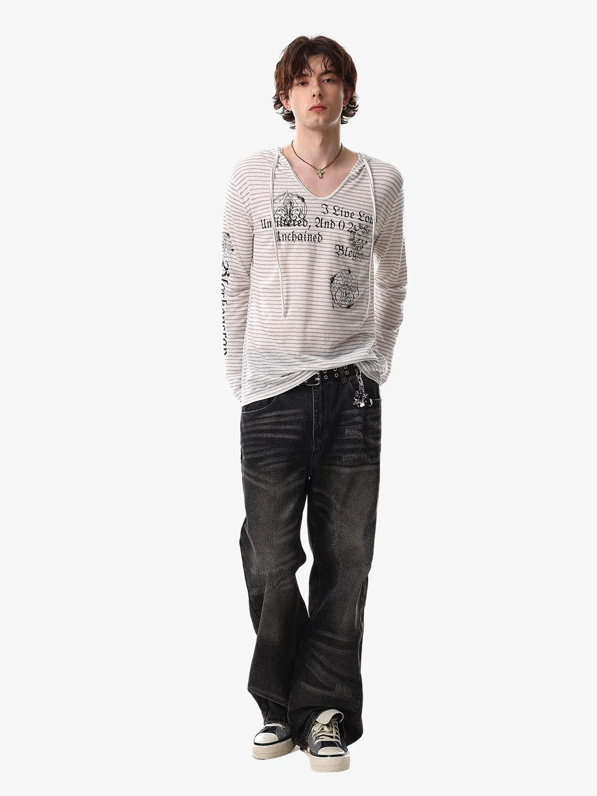 Graphic Print and V-Neck Striped Long Sleeve Hooded T-Shirt sold by Thesupermade product image thumbnail 3