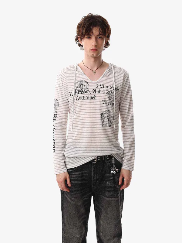 Graphic Print and V-Neck Striped Long Sleeve Hooded T-Shirt sold by Thesupermade