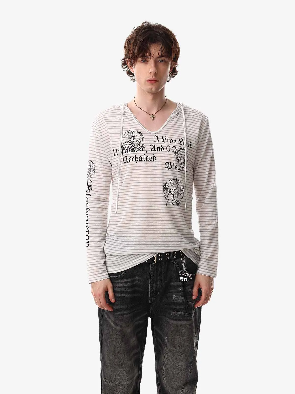 Graphic Print and V-Neck Striped Long Sleeve Hooded T-Shirt sold by Thesupermade