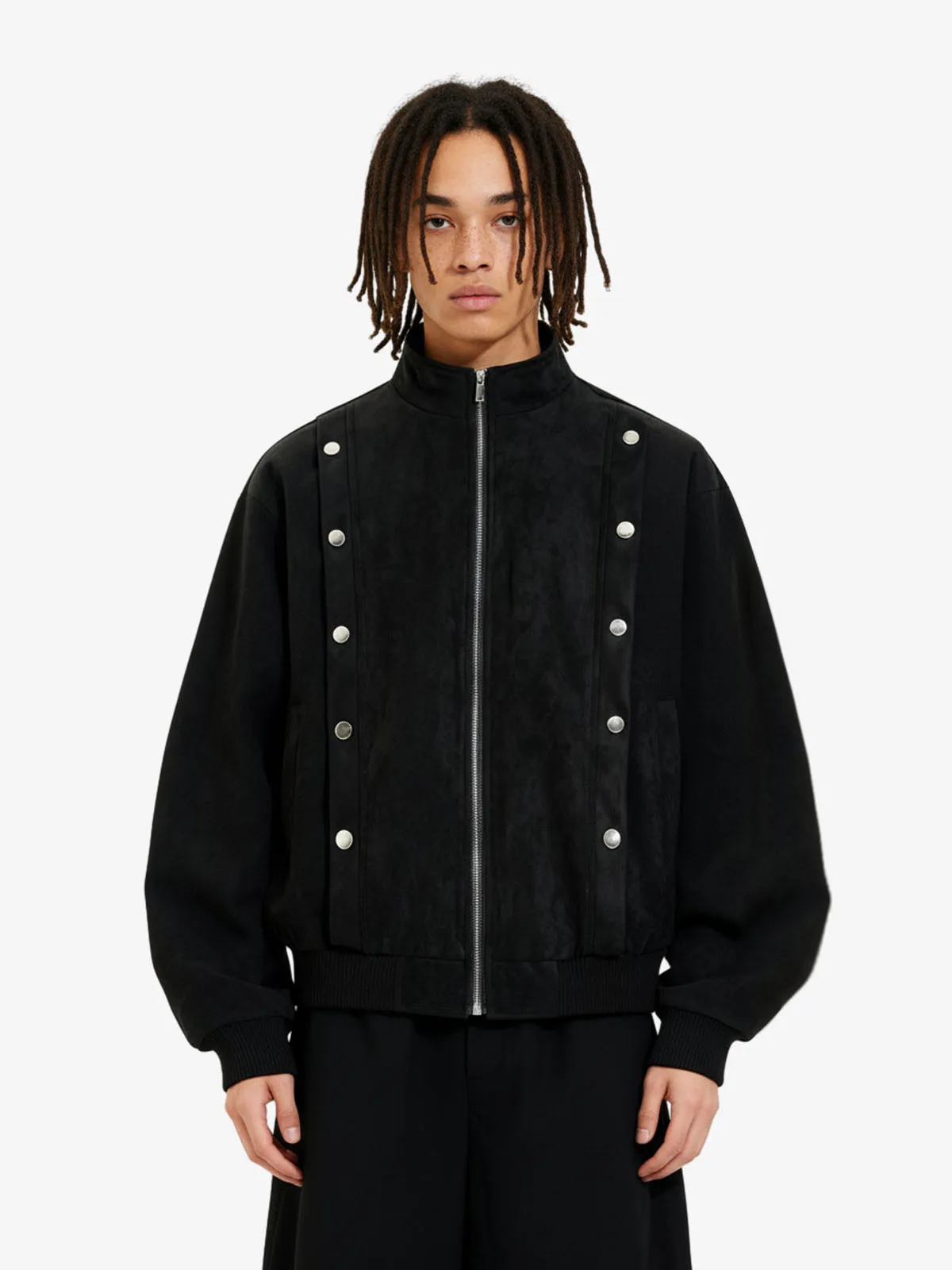 Vintage Stand Collar Metal Button-Structured Bomber Jacket sold by Thesupermade