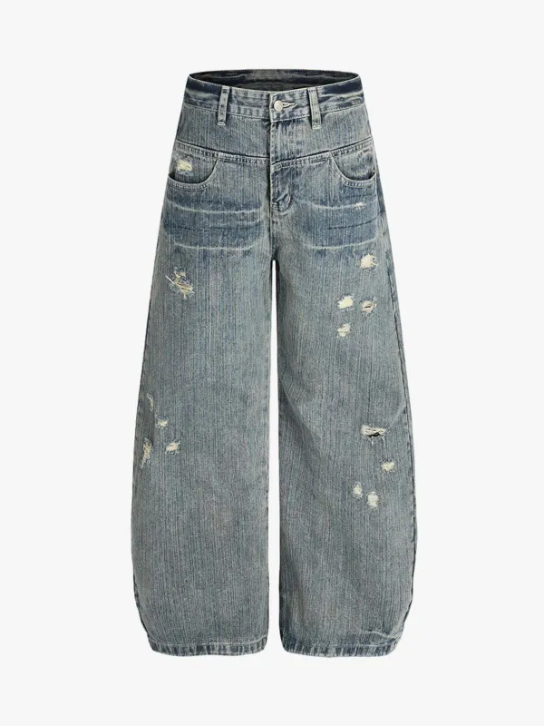 High Waist Distressed Barrel Denim Jeans sold by Thesupermade