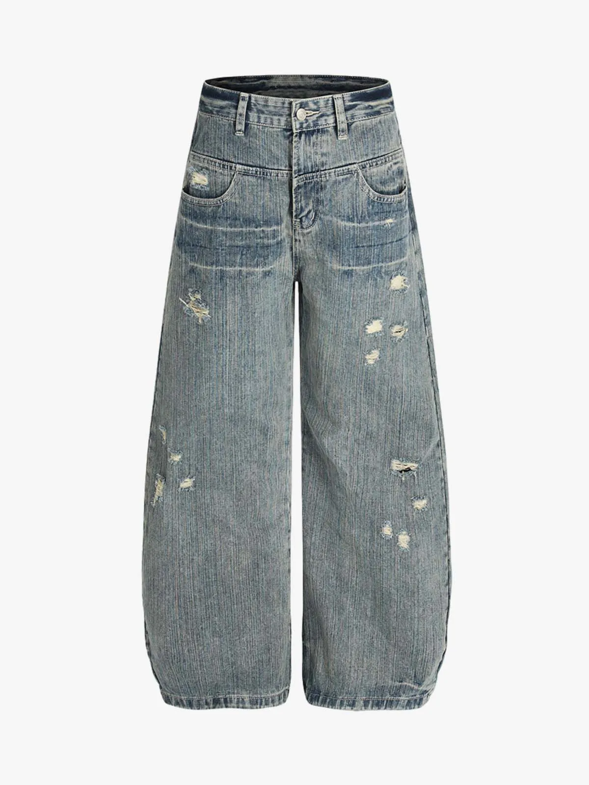High Waist Distressed Barrel Denim Jeans sold by Thesupermade