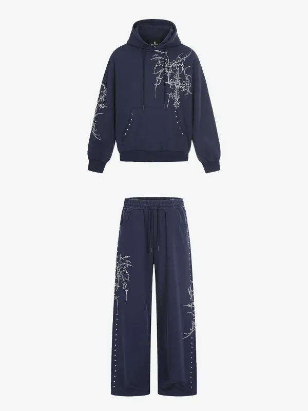 Embroidered Graphic Studded Hoodie and  Wide Leg Sweatpants Set sold by Thesupermade