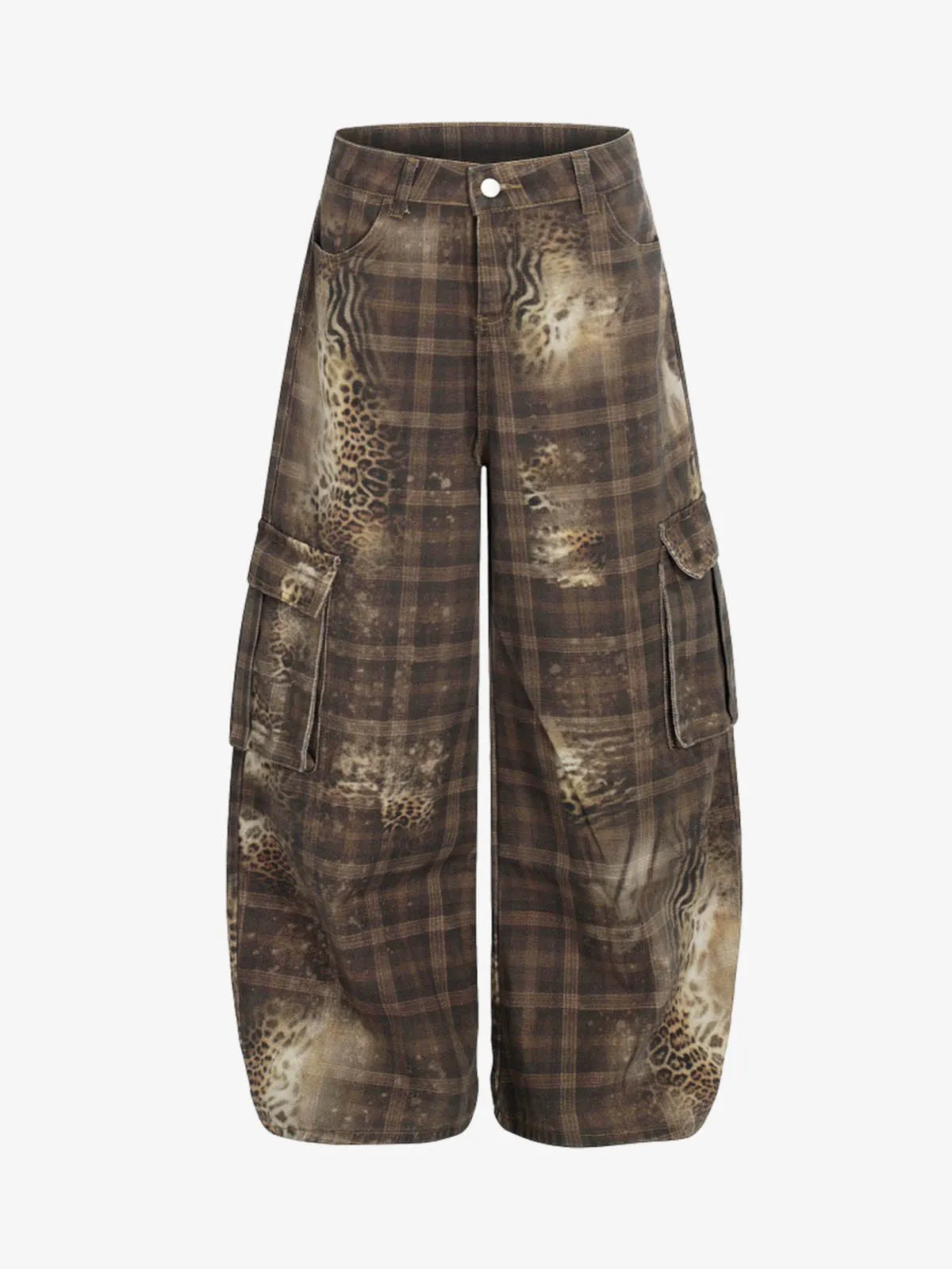 Plaid Leopard Print Cargo Barrel Jeans sold by Thesupermade