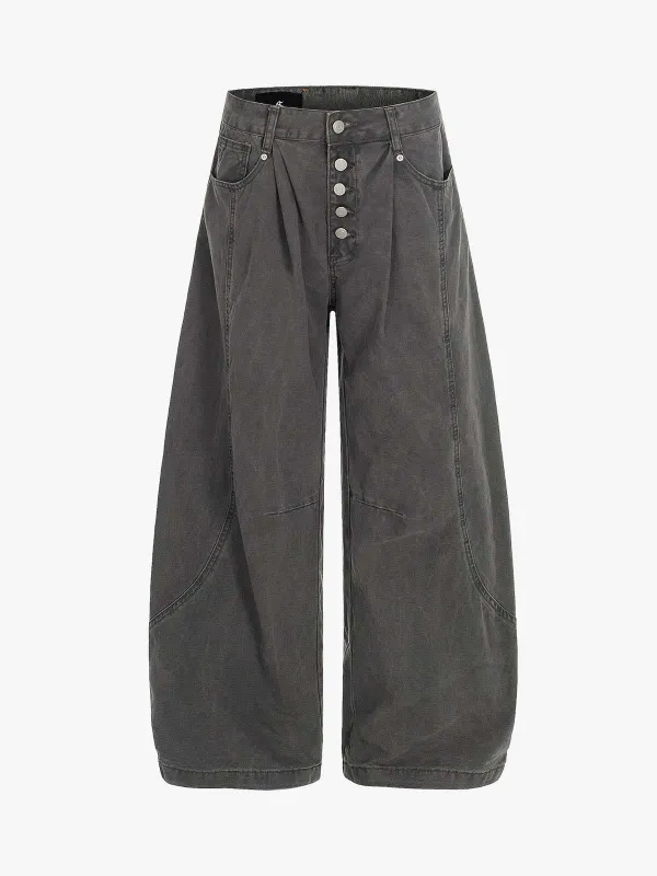 High Waist Button Fly Curved Seam Washed Jeans made by Thesupermade