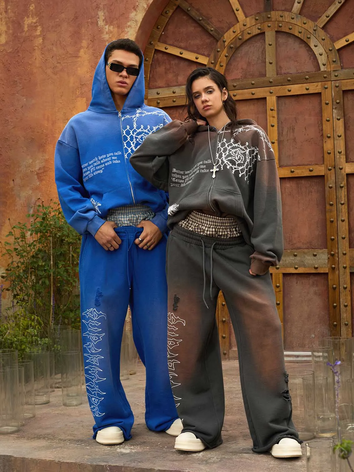 Supermade Vintage Distressed Print Patchwork Sweatshirt Set sold by Thesupermade