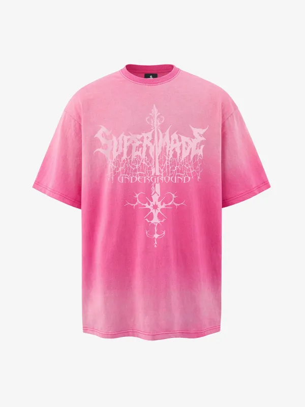Acid Wash Gothic Cross Spine Graphic Distressed T-Shirt - 2604 made by Thesupermade