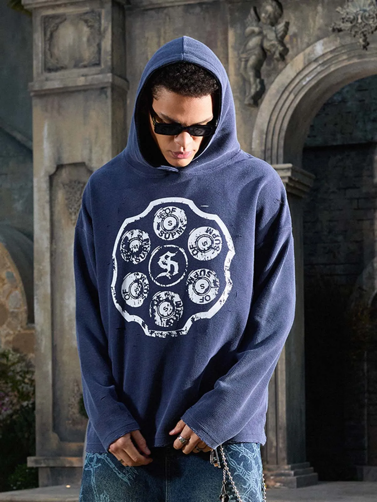 Waffle-Knit Distressed Button-Pattern Hoodie sold by Thesupermade product image thumbnail 5