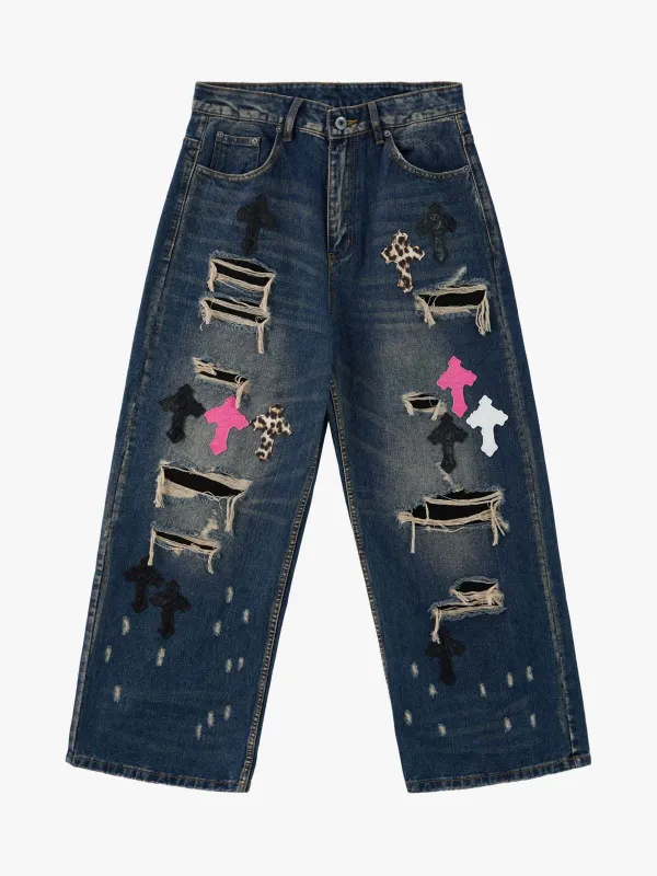 Distressed Cross Patchwork Washed Baggy Jeans made by Thesupermade