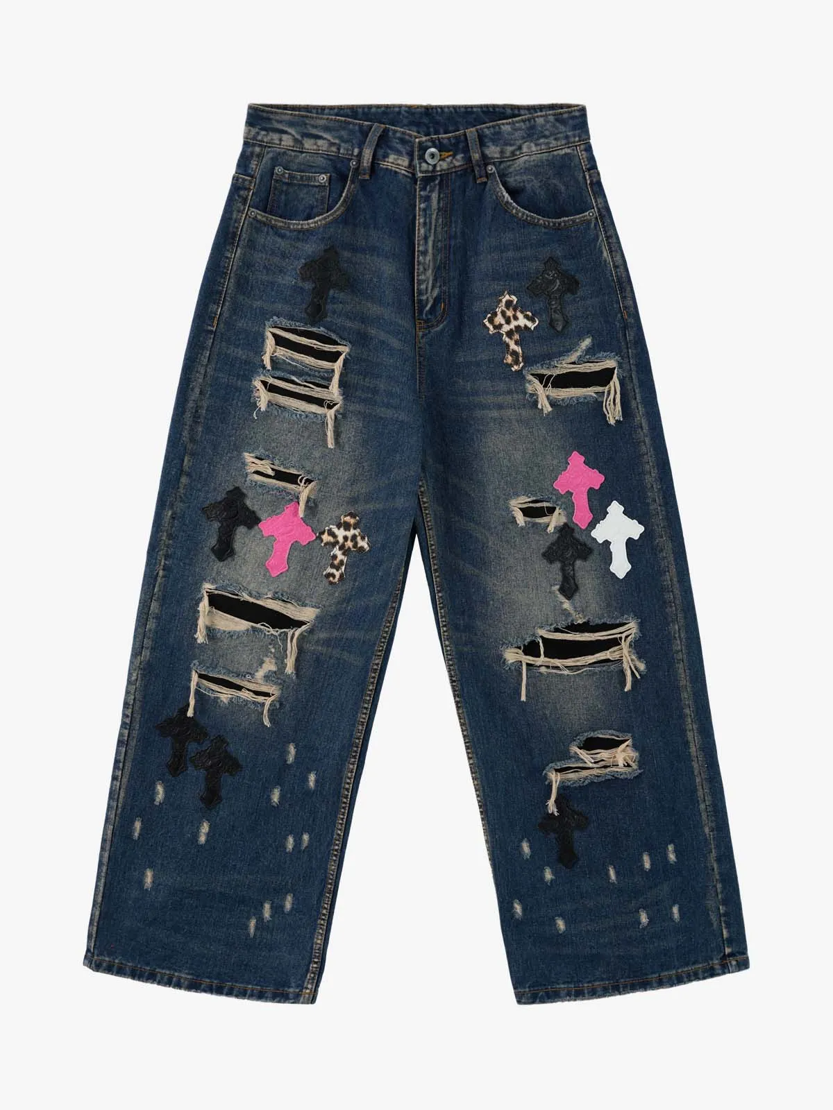 Distressed Cross Patchwork Washed Baggy Jeans sold by Thesupermade