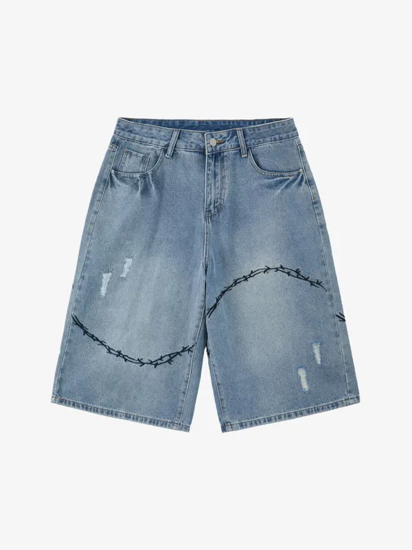 Vintage Barbed Wire Embroidery Distressed Washed Denim Jorts made by Thesupermade