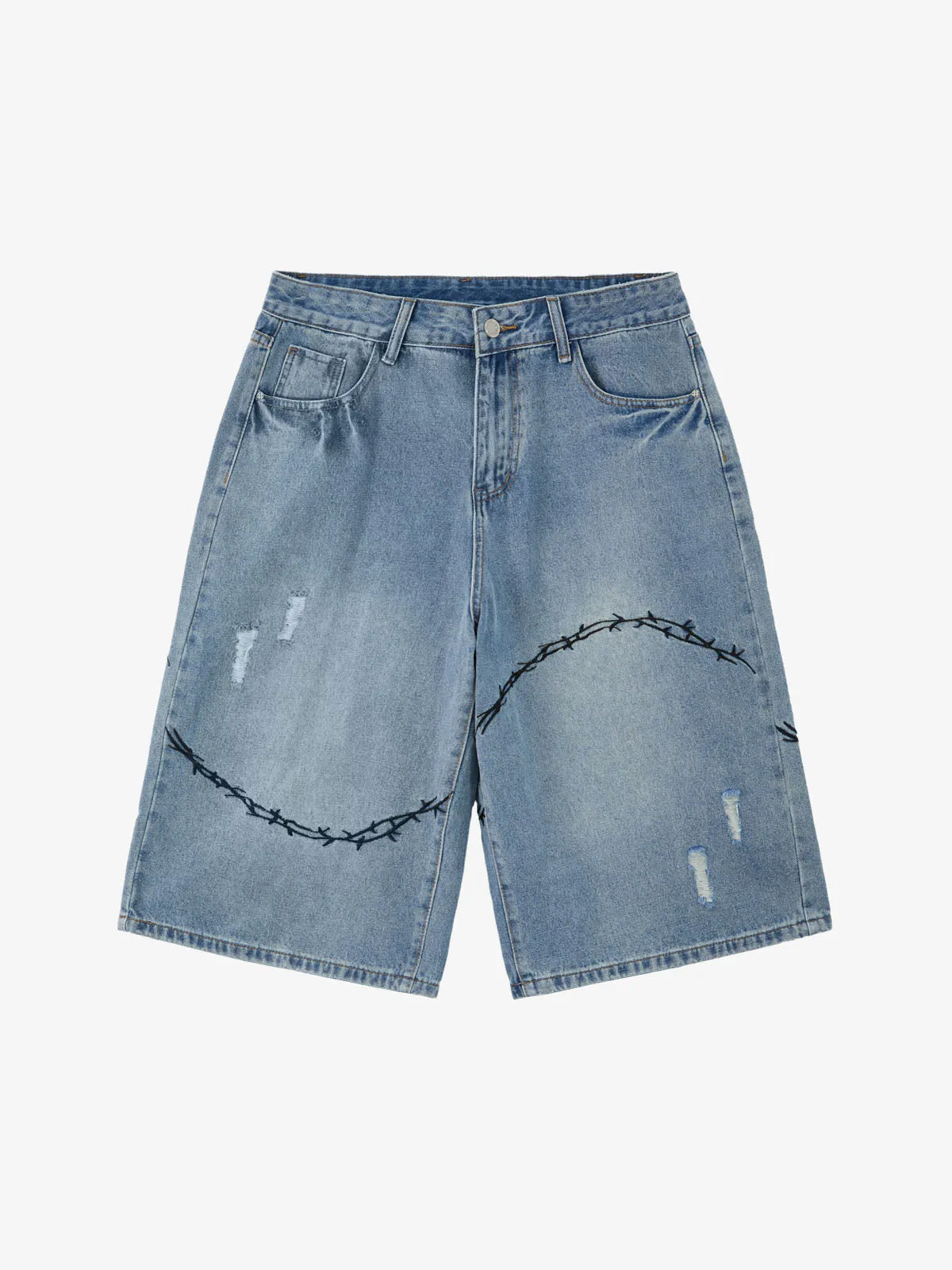 Vintage Barbed Wire Embroidery Distressed Washed Denim Jorts sold by Thesupermade