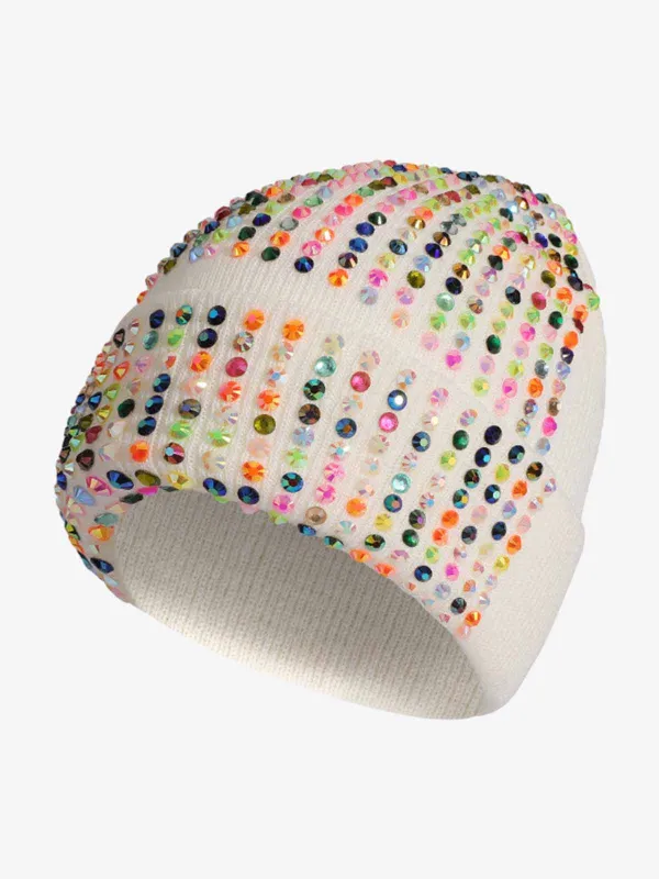Rhinestone Embellished Ribbed Knit Beanie Hat made by Thesupermade