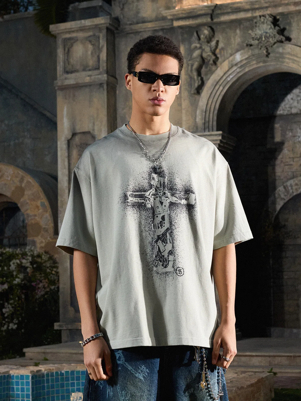 Distressed Rebellious Gun and Cross Print T-Shirt sold by Thesupermade product image thumbnail 4