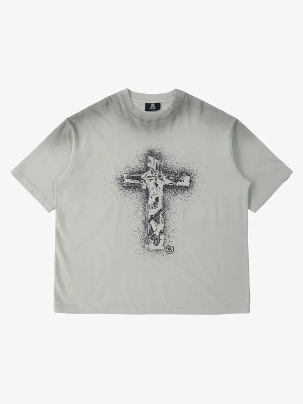 Distressed Rebellious Gun and Cross Print T-Shirt made by Thesupermade