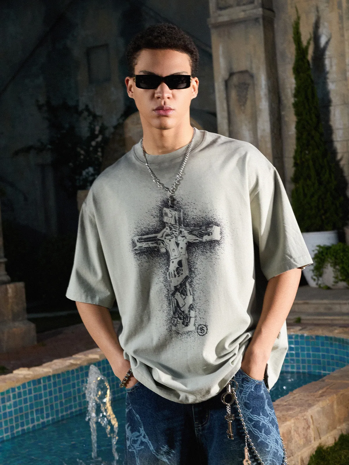 Distressed Rebellious Gun and Cross Print T-Shirt sold by Thesupermade product image thumbnail 5
