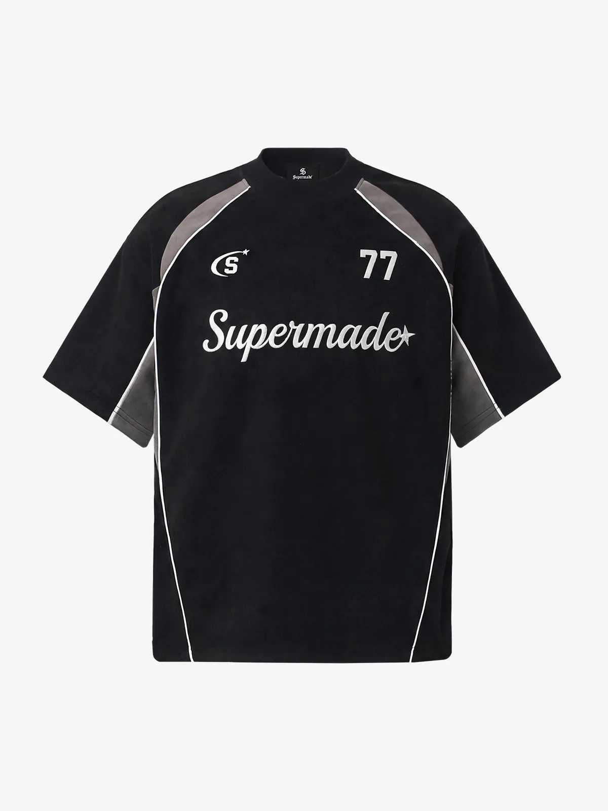 Suede Logo Embroidered Patchwork Short Sleeve T-Shirt - 2634 sold by Thesupermade