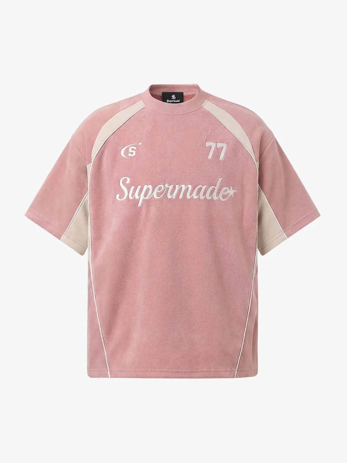 Suede Logo Embroidered Patchwork Short Sleeve T-Shirt - 2634 sold by Thesupermade product image thumbnail 2