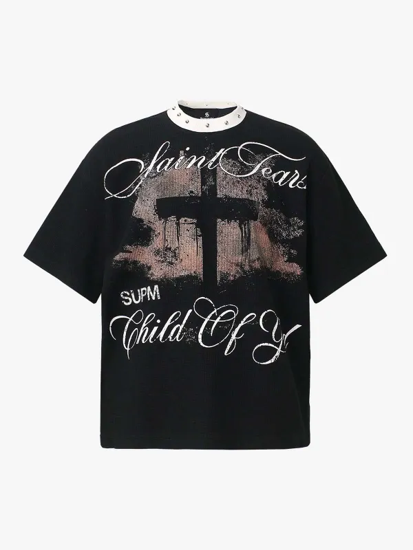 Gothic Cross Print Studded Collar Waffle Knit Graphic T-Shirt made by Thesupermade