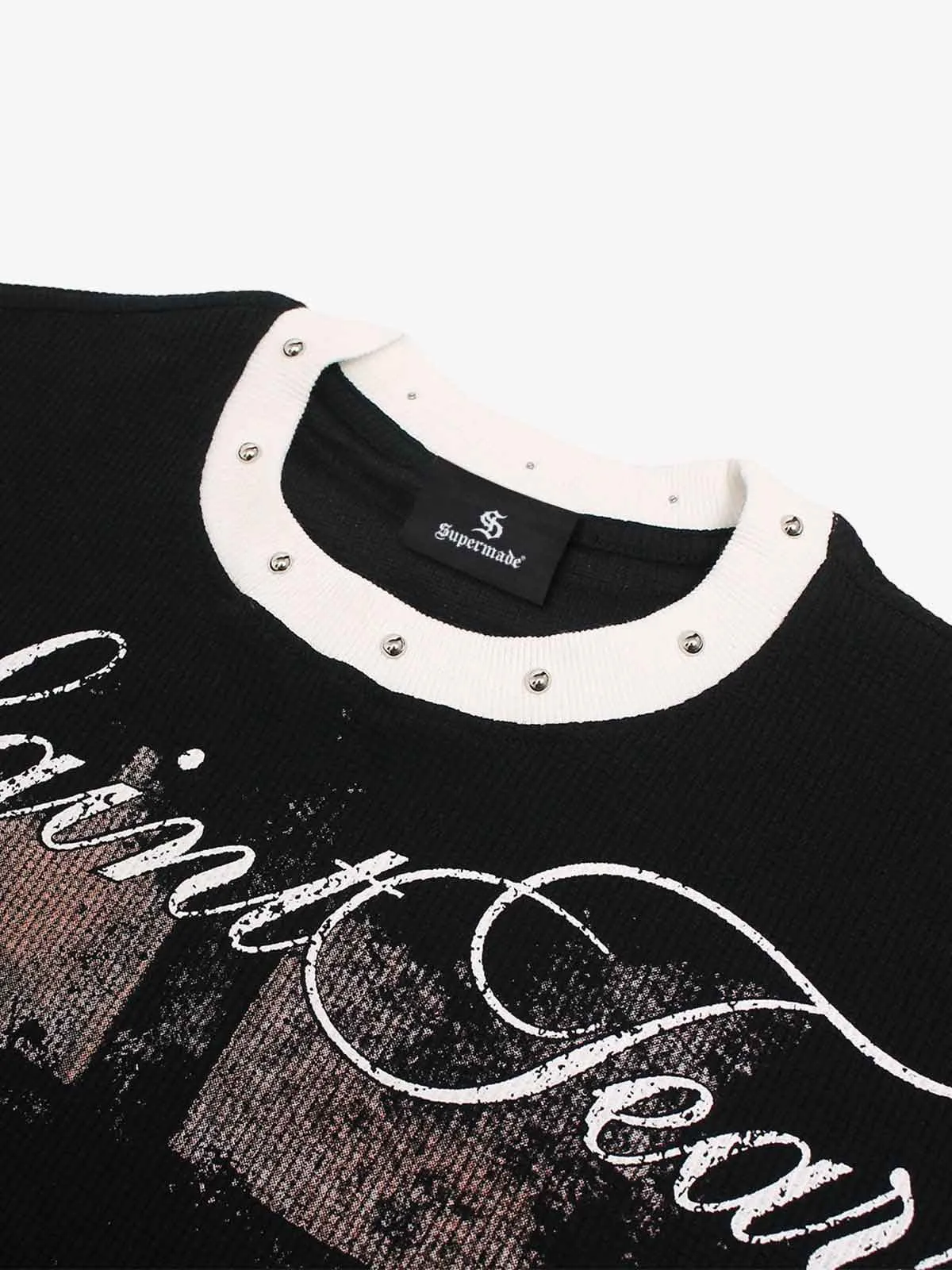 Gothic Cross Print Studded Collar Waffle Knit Graphic T-Shirt sold by Thesupermade product image thumbnail 3