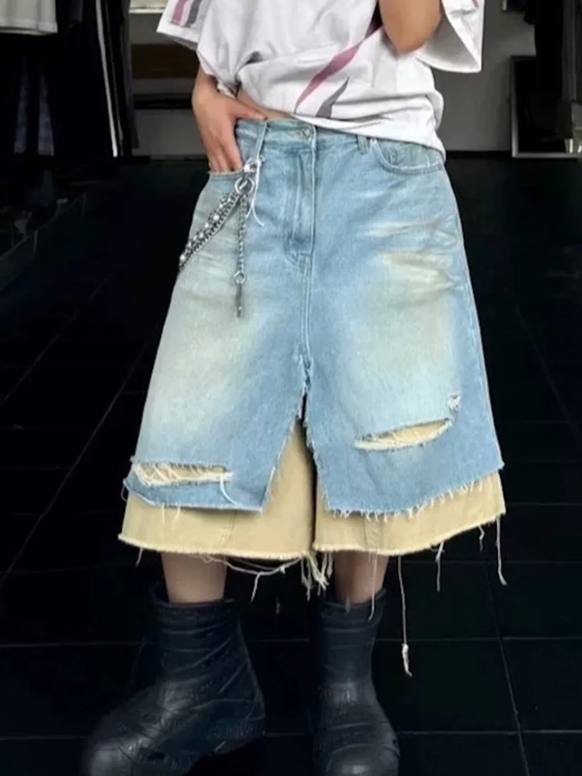 Layered Distressed Denim Jorts sold by Thesupermade product image thumbnail 5