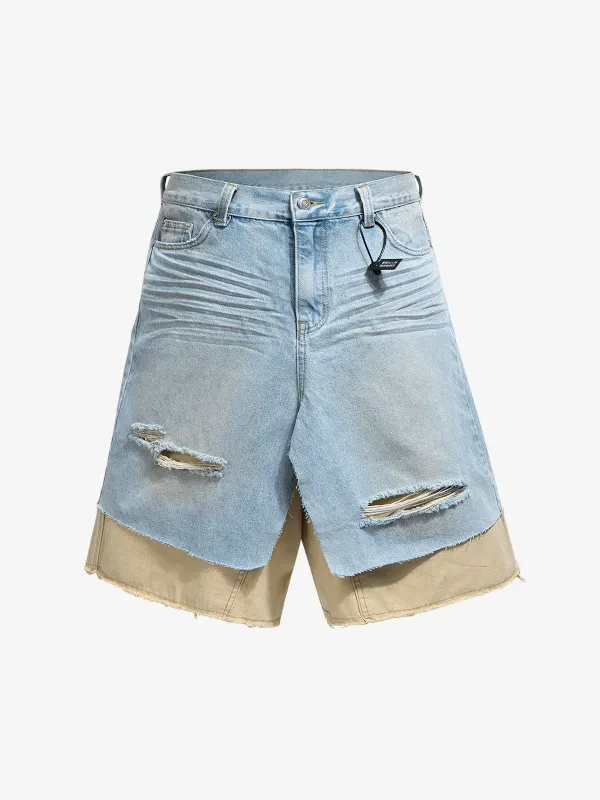 Layered Distressed Denim Jorts made by Thesupermade