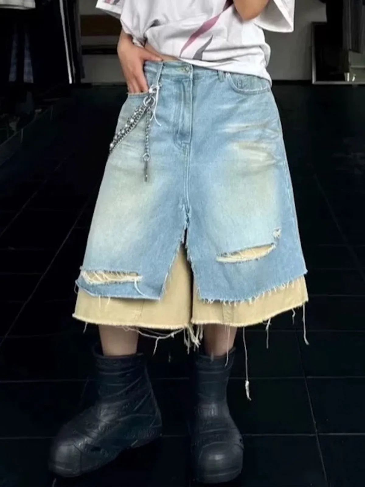 Layered Distressed Denim Jorts sold by Thesupermade product image thumbnail 4