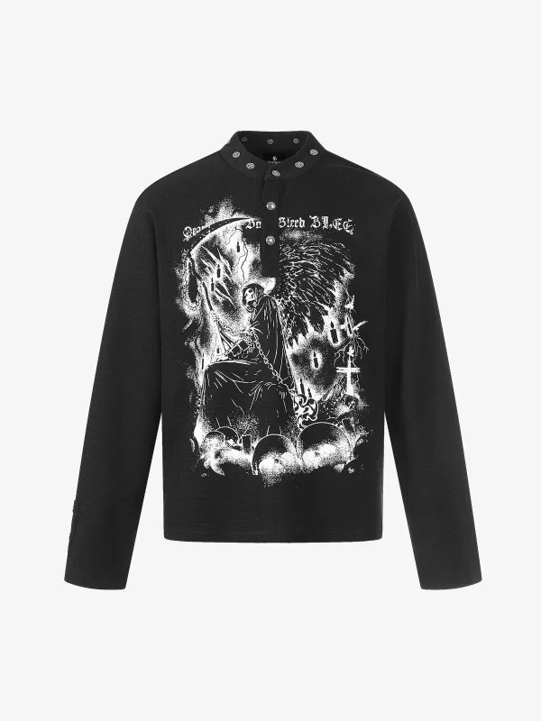 Gothic Angel Skull Graphic Studded Collar Long Sleeve T-Shirt made by Thesupermade