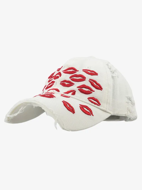 Red Lip Embroidery Distressed Baseball Cap made by Thesupermade