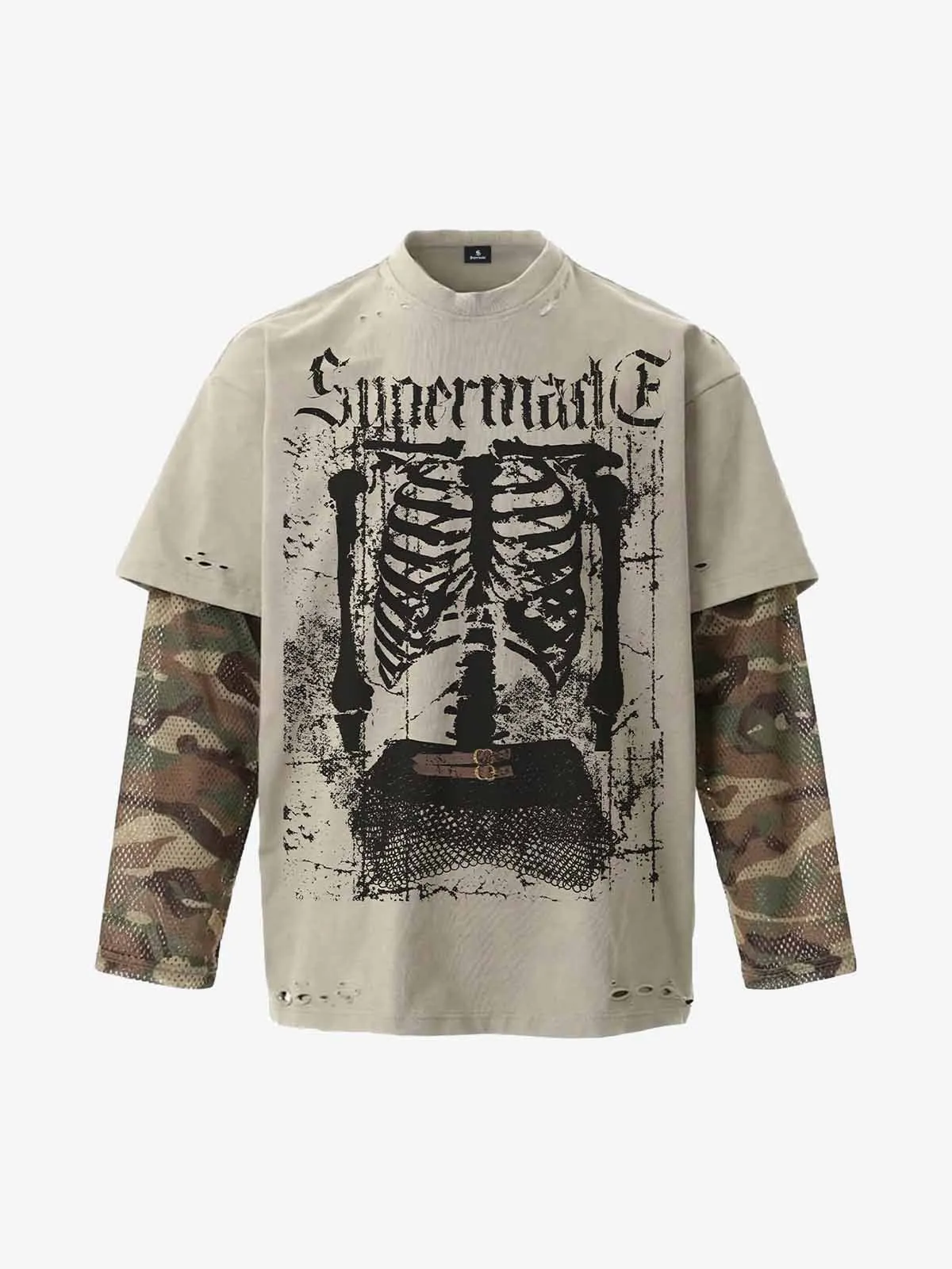 Skeleton Graphic Mesh Camo Sleeve Layered T-Shirt sold by Thesupermade
