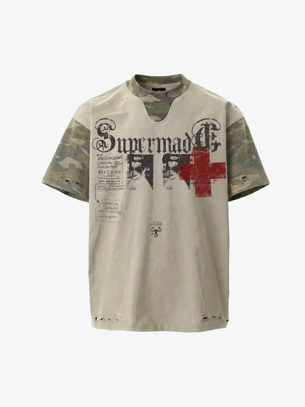 Distressed Camo Layered Gothic Cross Portrait Graphic T-Shirt made by Thesupermade