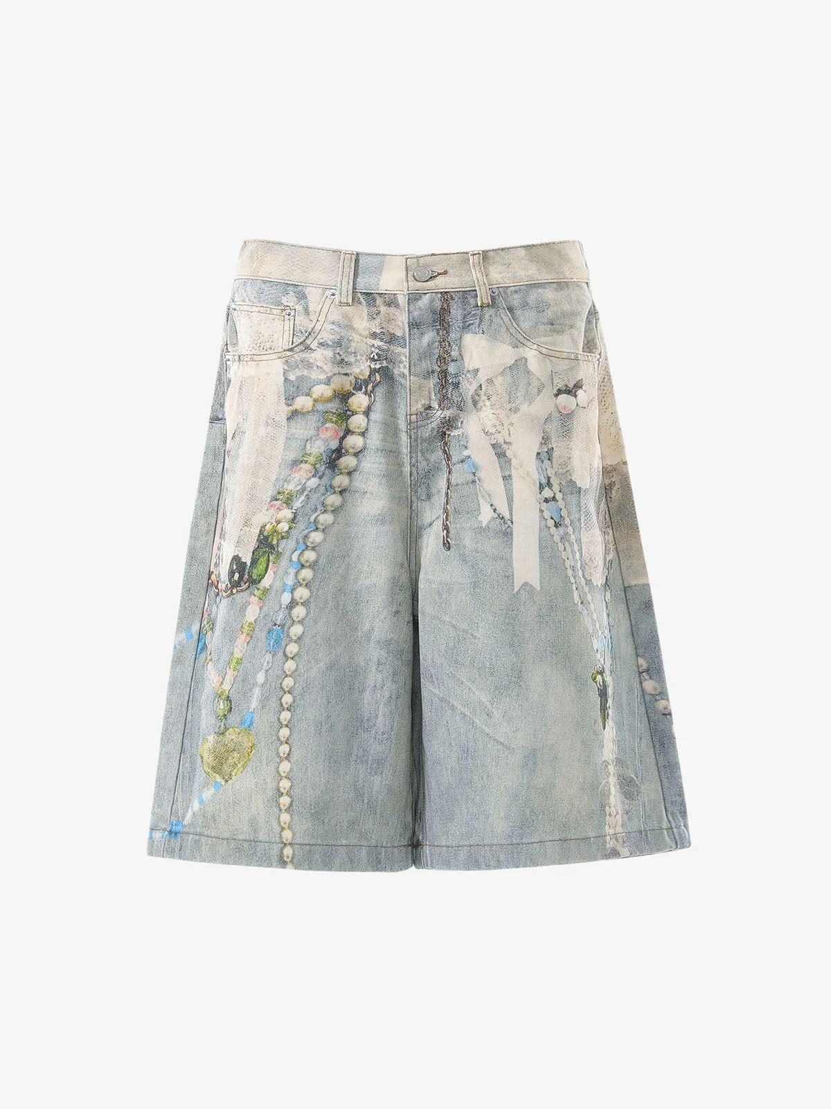 Jewelry Pearl Graphic Print 3D Effect Denim Shorts sold by Thesupermade