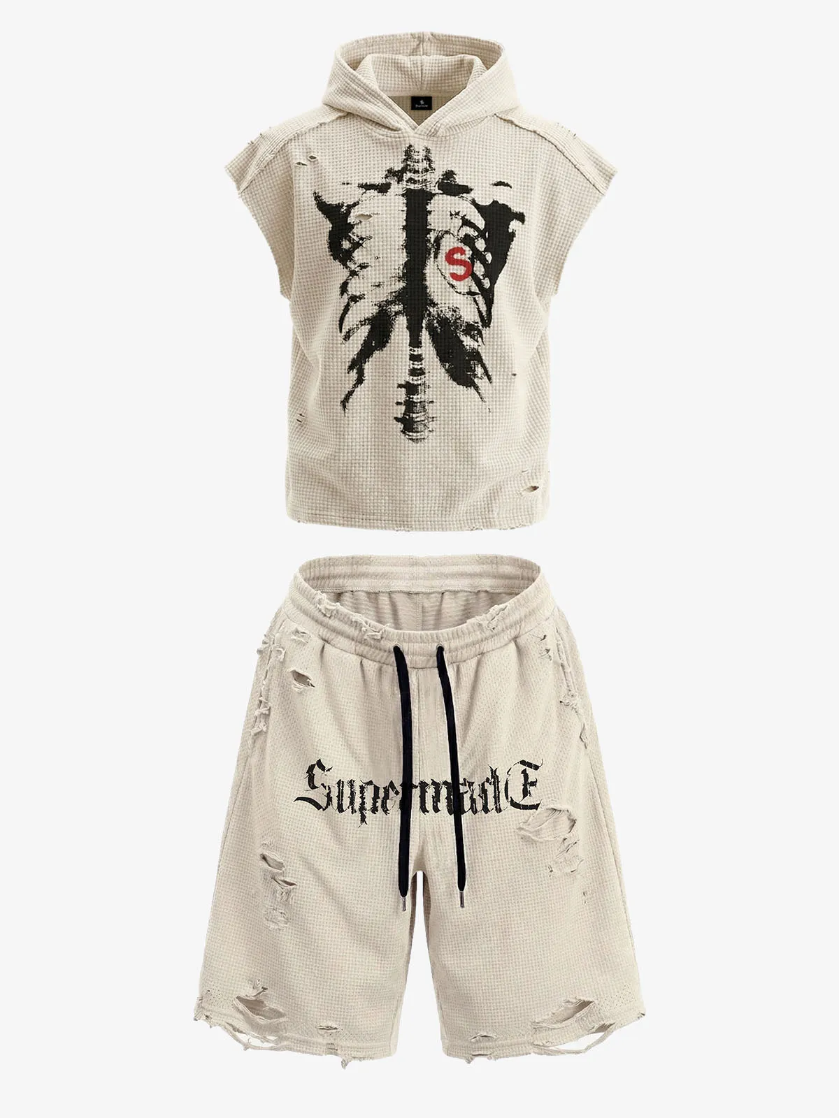 Distressed Skeleton Graphic Sleeveless Hoodie and Shorts Set sold by Thesupermade