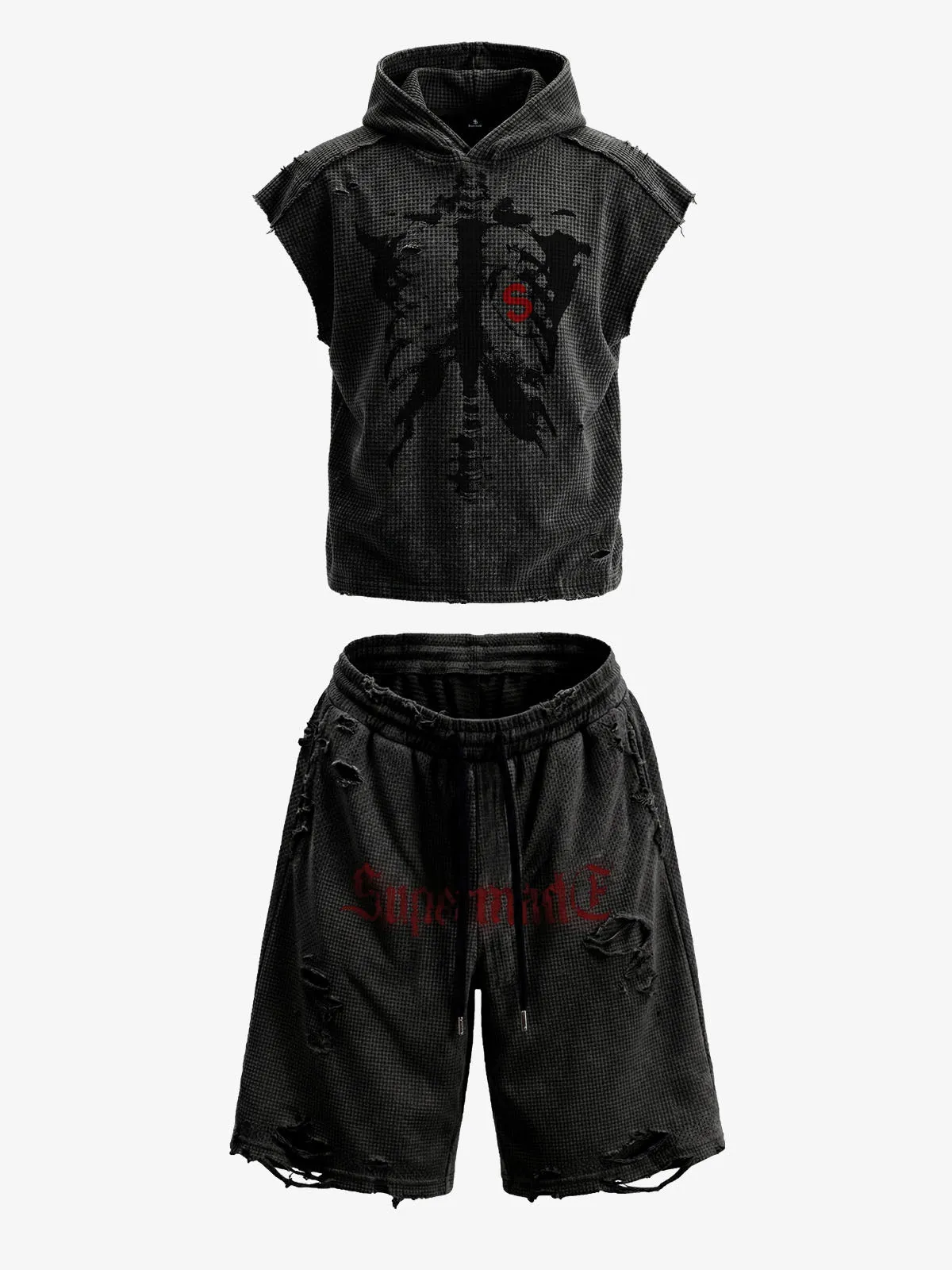Distressed Skeleton Graphic Sleeveless Hoodie and Shorts Set sold by Thesupermade product image thumbnail 3