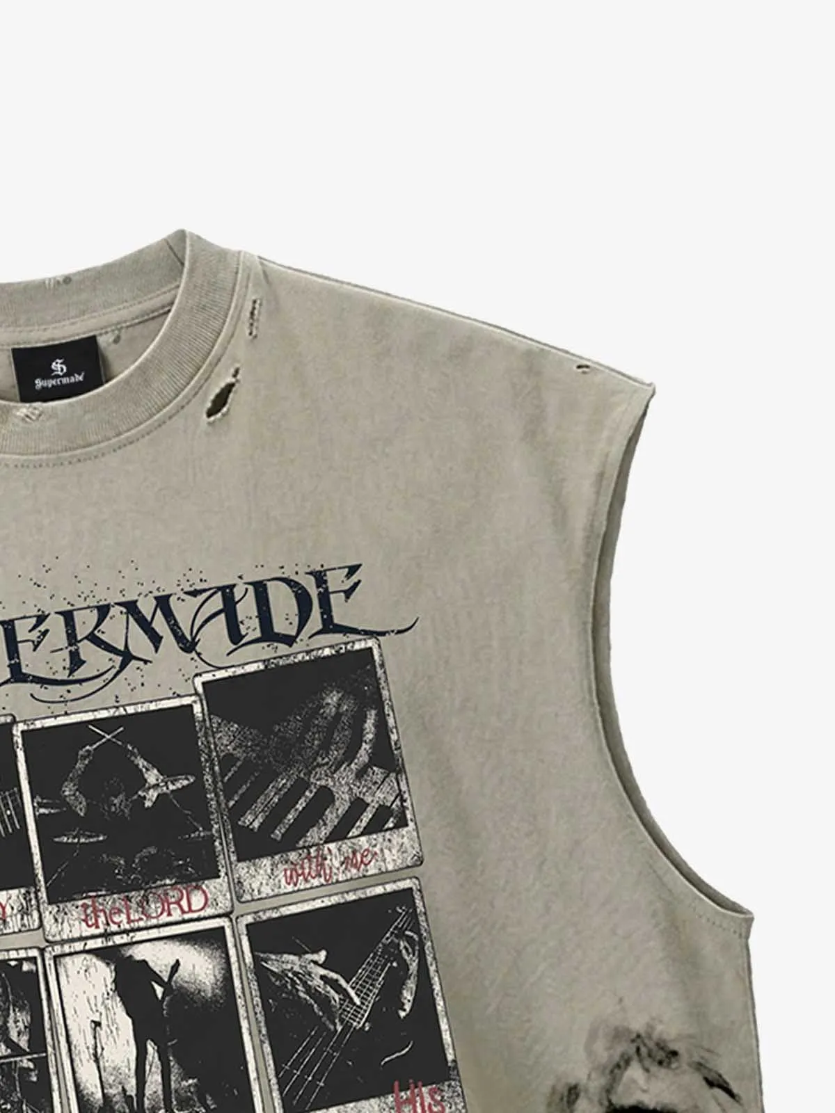 Distressed Graphic Sleeveless Cotton Vest sold by Thesupermade product image thumbnail 3