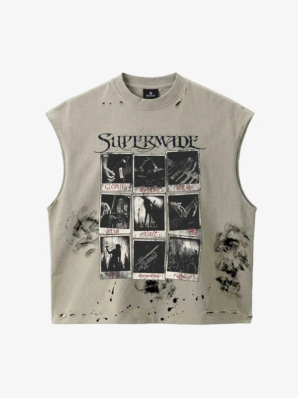 Distressed Graphic Sleeveless Cotton Vest made by Thesupermade