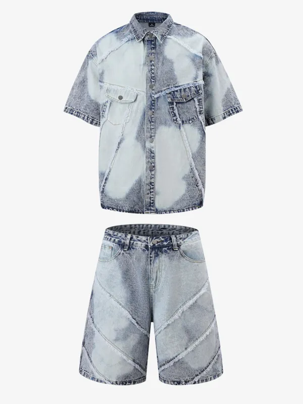 Asymmetric Frayed Seam Acid Wash Denim Two-Piece Set made by Thesupermade